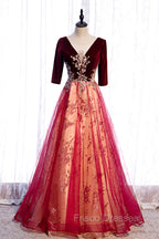 Burgundy V-Neck Velvet Tulle Long Formal Prom Dress, A-Line 1/2 Sleeve Evening Dress