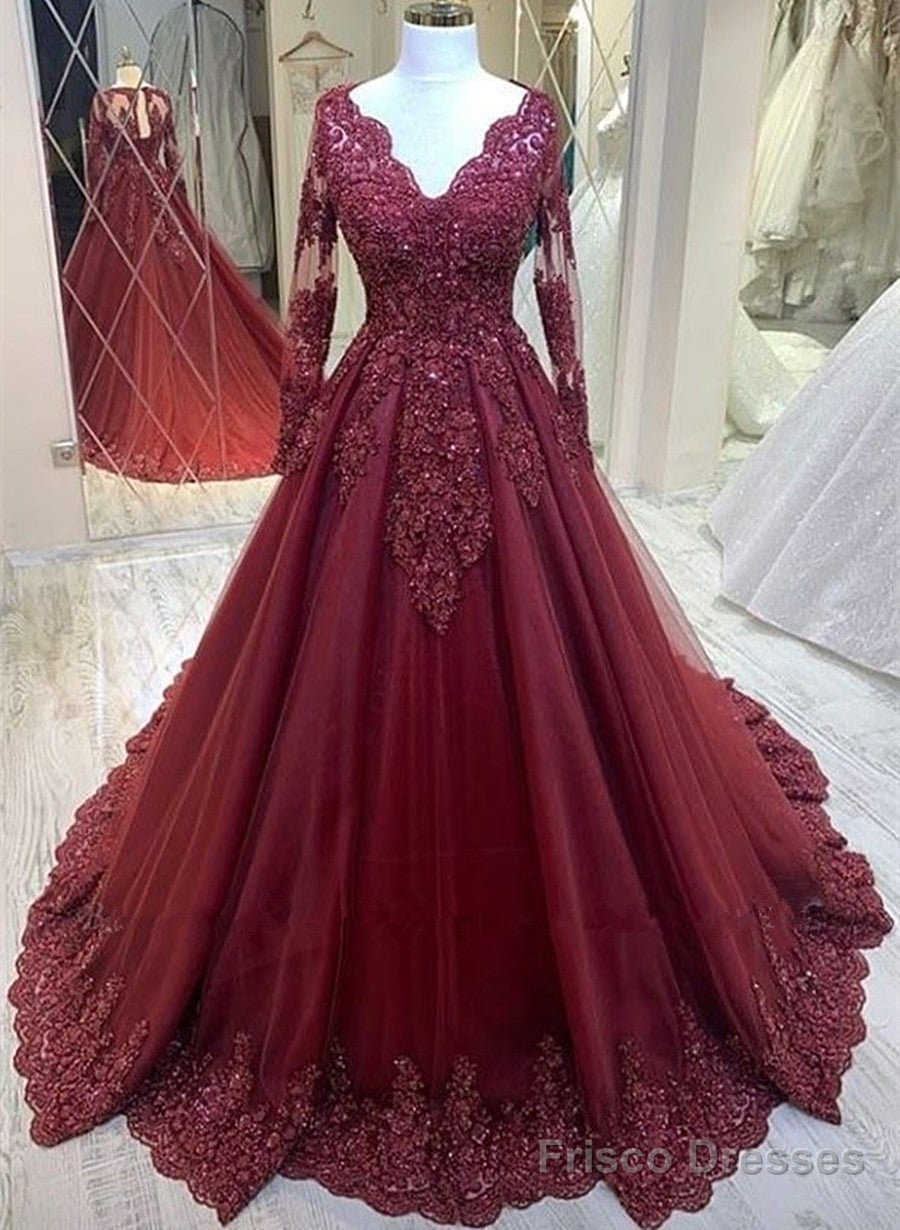Burgundy V-Neckline Tulle Long Sleeves With Lace Prom Dress, Burgundy Wedding Party Dress Main image
