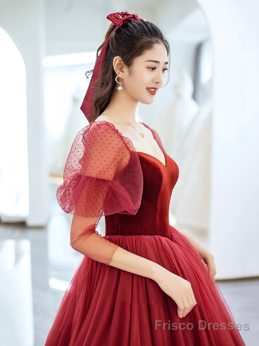 Burgundy Velvet And Tulle Floor Length Prom Dress, Beautiful Off The Shoulder Evening Party Dress Secondary image