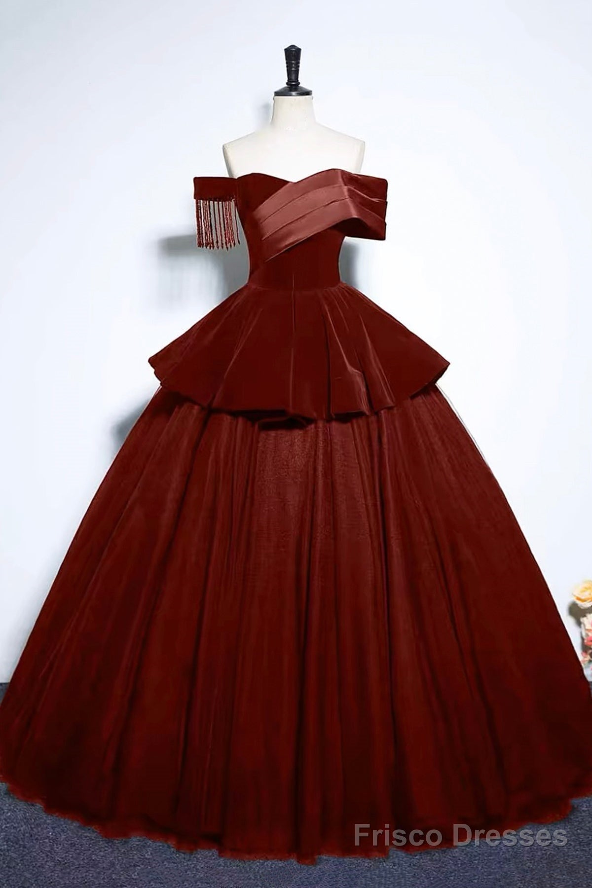 Burgundy Velvet And Tulle Long Formal Dress, A-Line Off The Shoulder Evening Party Dress Main image