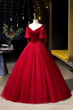 Burgundy Velvet And Tulle Long Prom Dress, A-Line V-Neck Formal Evening Dress