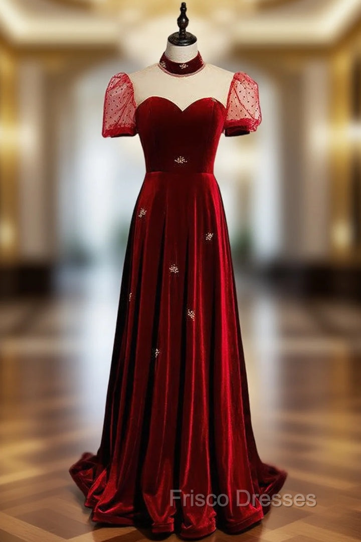Burgundy Velvet Backless High Neck Formal Prom Dress