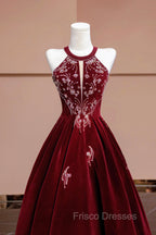 Burgundy Velvet Beaded Long Formal Prom Dress, Elegant A-Line Evening Party Dress