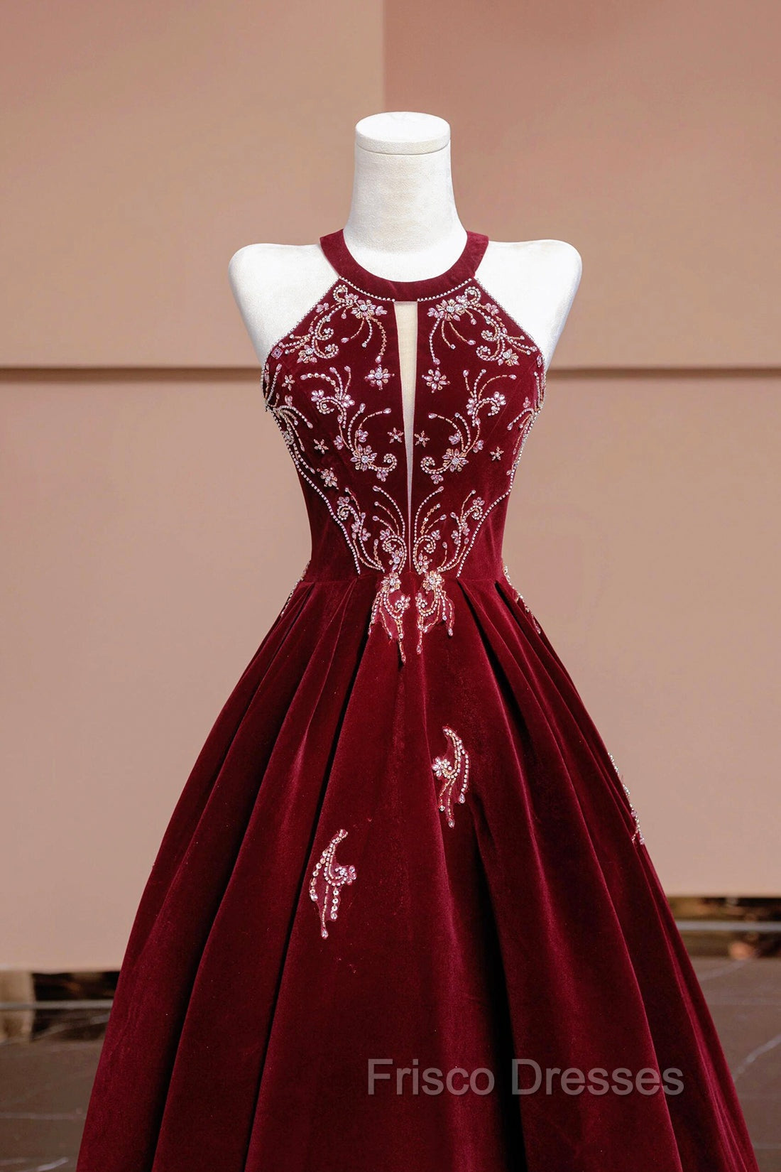 Burgundy Velvet Beaded Long Formal Prom Dress, Elegant A-Line Evening Party Dress