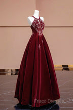 Burgundy Velvet Beaded Long Formal Prom Dress, Elegant A-Line Evening Party Dress