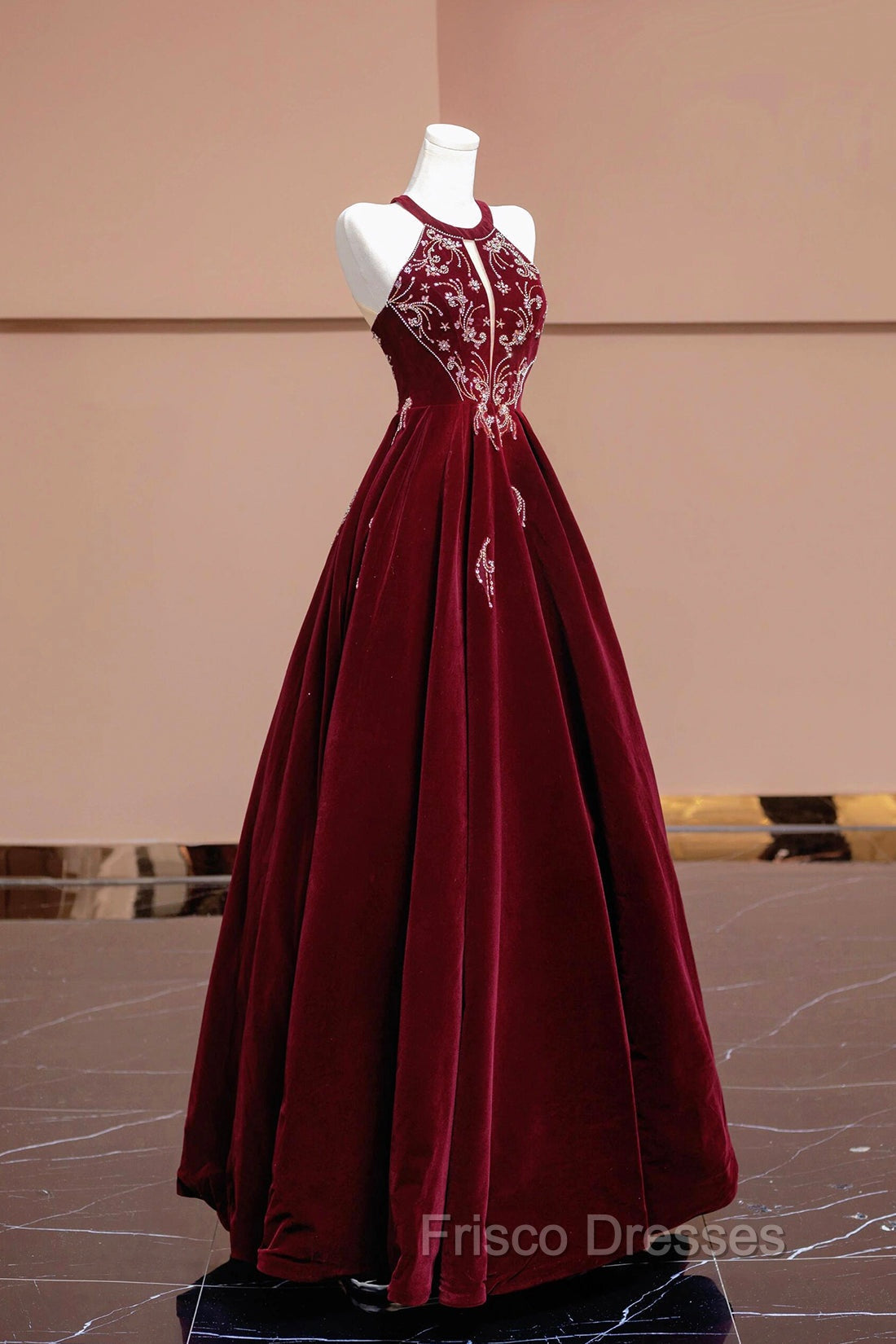 Burgundy Velvet Beaded Long Formal Prom Dress, Elegant A-Line Evening Party Dress