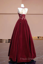 Burgundy Velvet Beaded Long Formal Prom Dress, Elegant A-Line Evening Party Dress