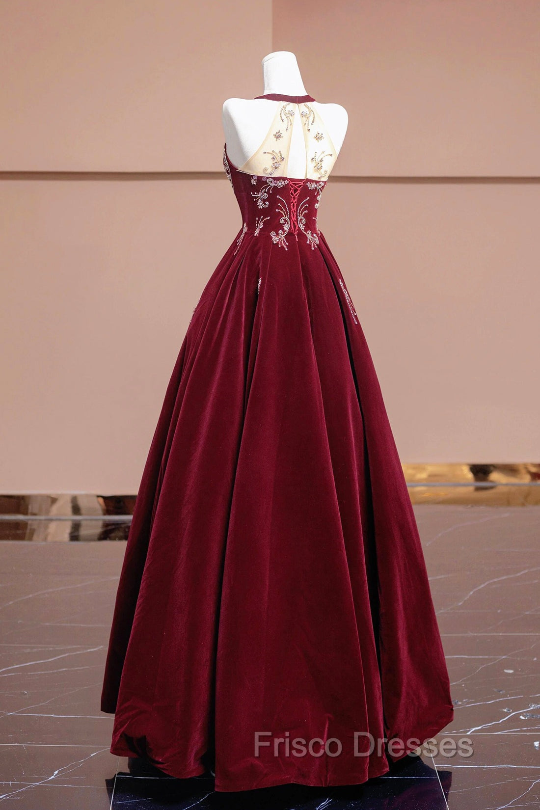 Burgundy Velvet Beaded Long Formal Prom Dress, Elegant A-Line Evening Party Dress