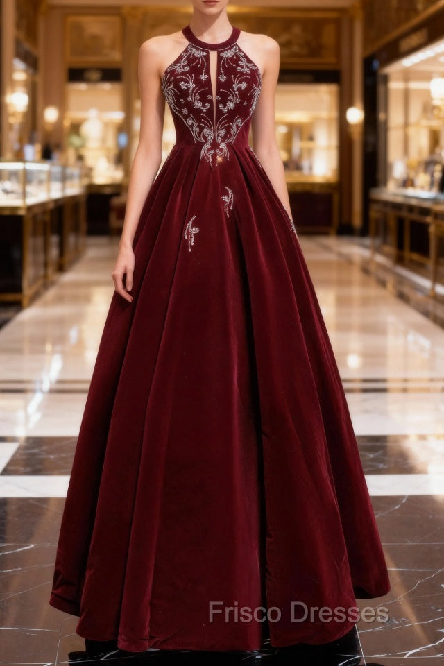 Burgundy Velvet Beaded Long Formal Prom Dress, Elegant A-Line Evening Party Dress Main image