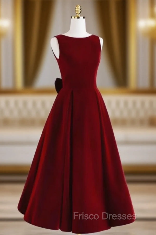 Burgundy Velvet Beading Bow Formal Prom Dress Main image