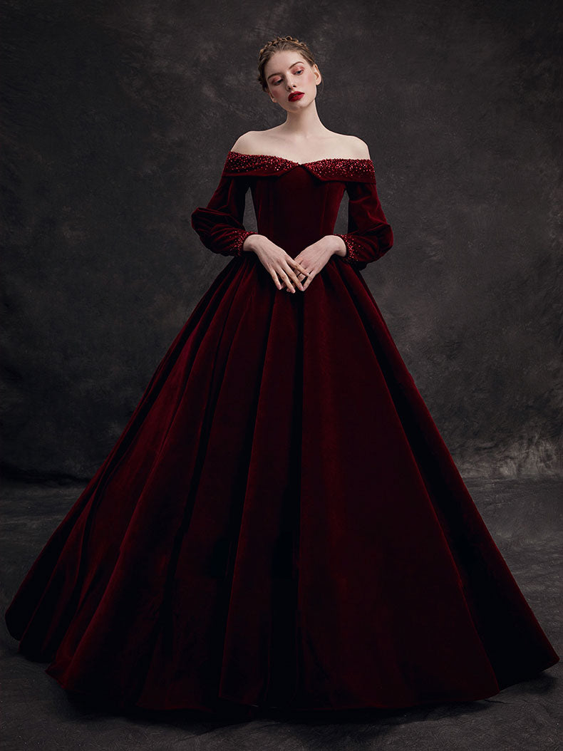 Burgundy Velvet Beads Long Prom Dress, Burgundy Evening Dress Secondary image
