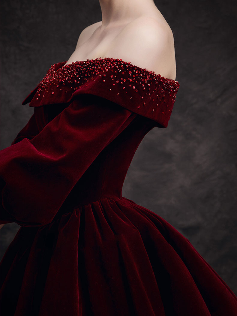 Burgundy Velvet Beads Long Prom Dress, Burgundy Evening Dress
