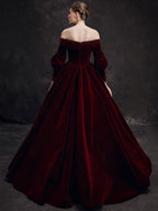 Burgundy Velvet Beads Long Prom Dress, Burgundy Evening Dress