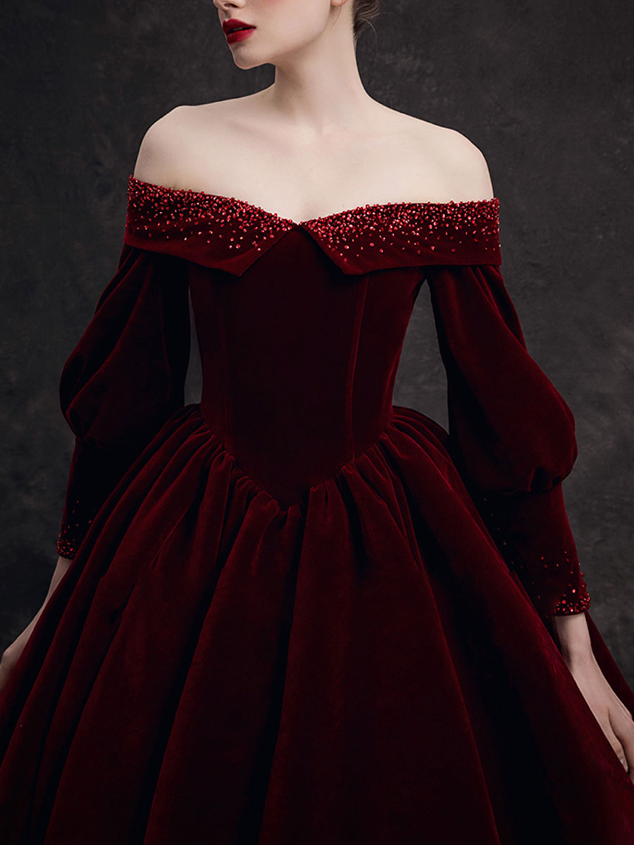 Burgundy Velvet Beads Long Prom Dress, Burgundy Evening Dress Main image