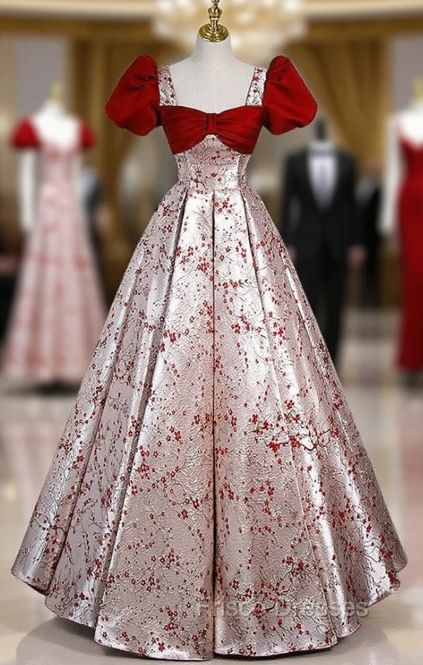 Burgundy Velvet Champagne Satin Short Sleeve Formal Prom Dress Main image