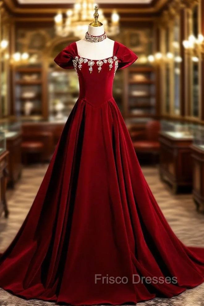 Burgundy Velvet Crystal Formal Prom Dress Main image