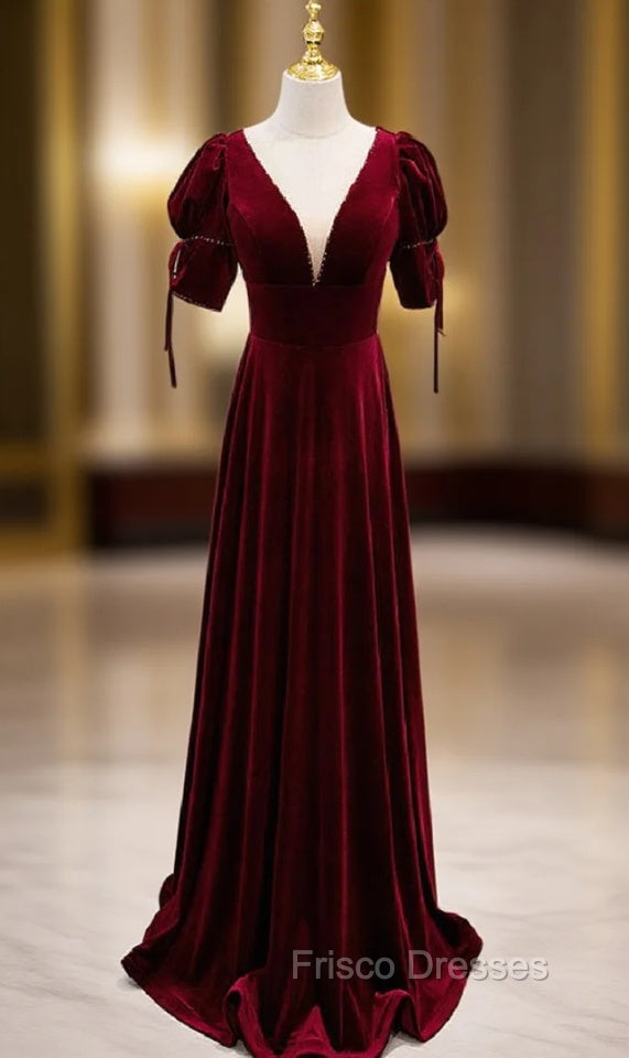 Burgundy Velvet Dee V-neck Short Sleeve Formal Prom Dress Main image