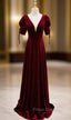 Burgundy Velvet Dee V-neck Short Sleeve Formal Prom Dress