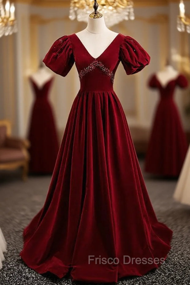 Burgundy Velvet Deep V-neck Backless Crystal Formal Prom Dress