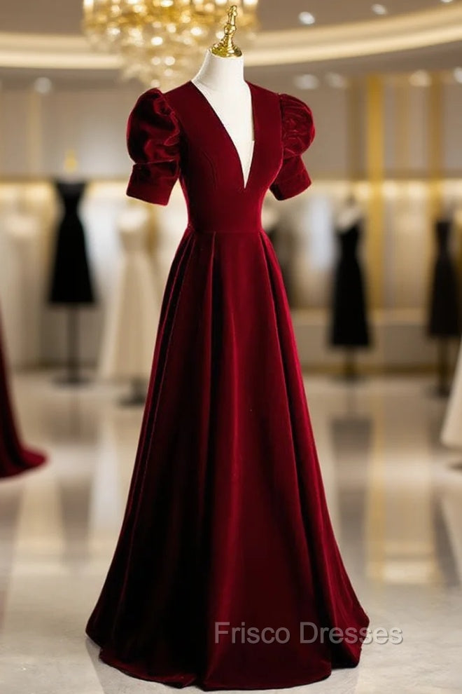 Burgundy Velvet Deep V-neck Puff Sleeve Formal Prom Dress