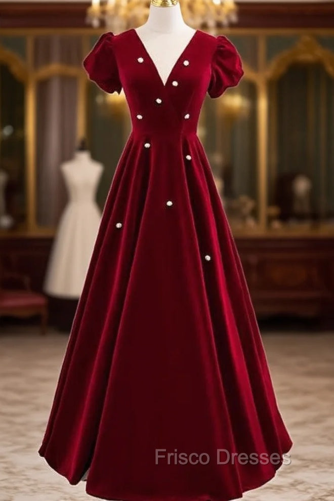 Burgundy Velvet Deep V-neck Short Sleeve Formal Prom Dress Main image