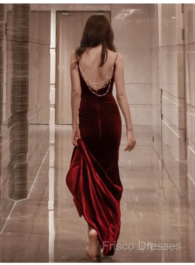 Burgundy Velvet Floor Length Mermaid Formal Prom Dress, Velvet Bridesmaid Dress