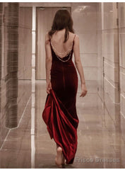 Burgundy Velvet Floor Length Mermaid Prom Dress, Velvet Bridesmaid Dresses