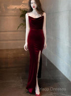 Burgundy Velvet Floor Length Mermaid Formal Prom Dress, Velvet Bridesmaid Dress