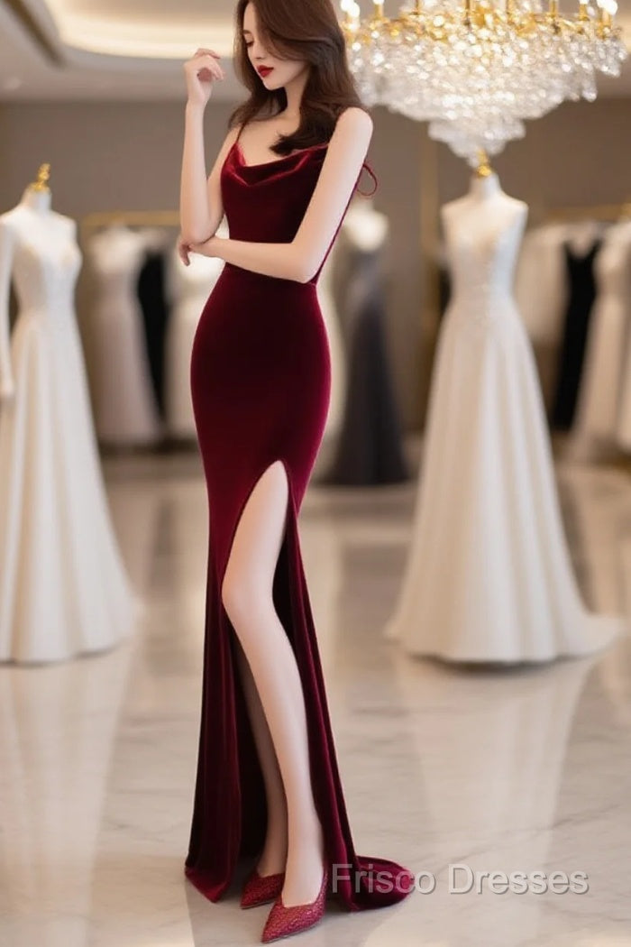 Burgundy Velvet Floor Length Mermaid Formal Prom Dress, Velvet Bridesmaid Dress