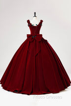 Burgundy Velvet Floor Length Formal Prom Dress, A-Line Evening Party Dress With Flowers