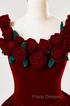 Burgundy Velvet Floor Length Formal Prom Dress, A-Line Evening Party Dress With Flowers