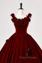 Burgundy Velvet Floor Length Formal Prom Dress, A-Line Evening Party Dress With Flowers