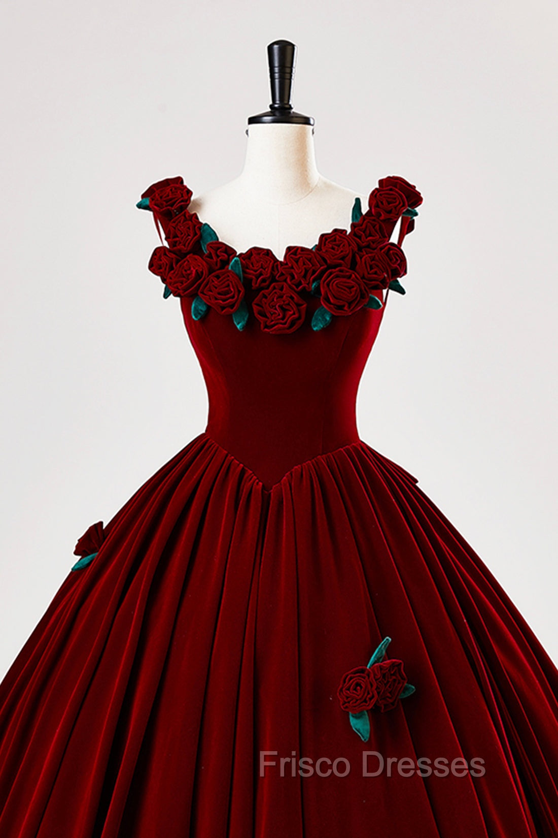 Burgundy Velvet Floor Length Formal Prom Dress, A-Line Evening Party Dress With Flowers