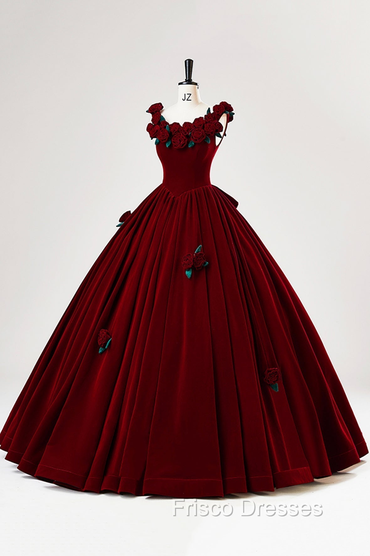 Burgundy Velvet Floor Length Formal Prom Dress, A-Line Evening Party Dress With Flowers