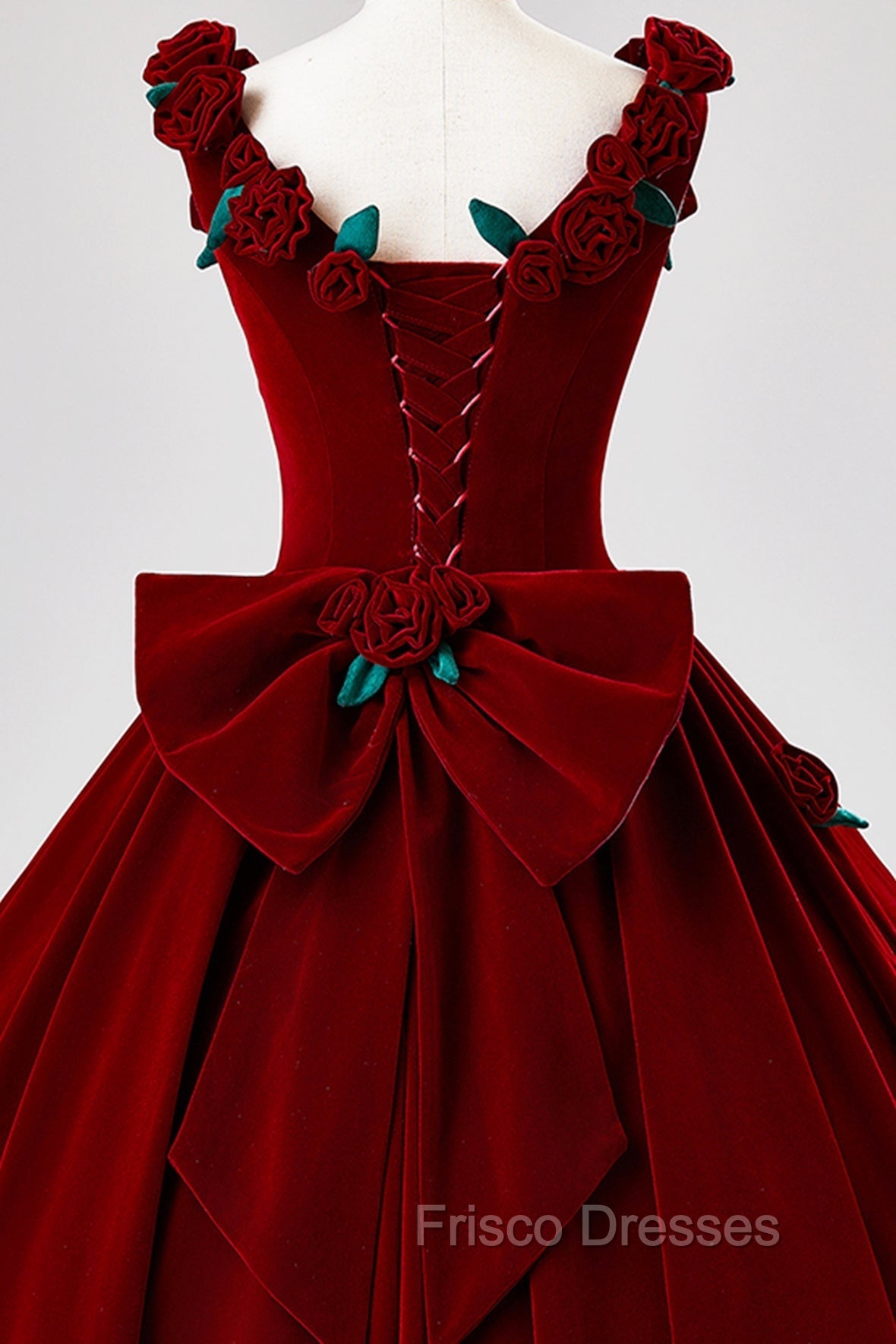 Burgundy Velvet Floor Length Formal Prom Dress, A-Line Evening Party Dress With Flowers