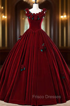 Burgundy Velvet Floor Length Formal Prom Dress, A-Line Evening Party Dress With Flowers