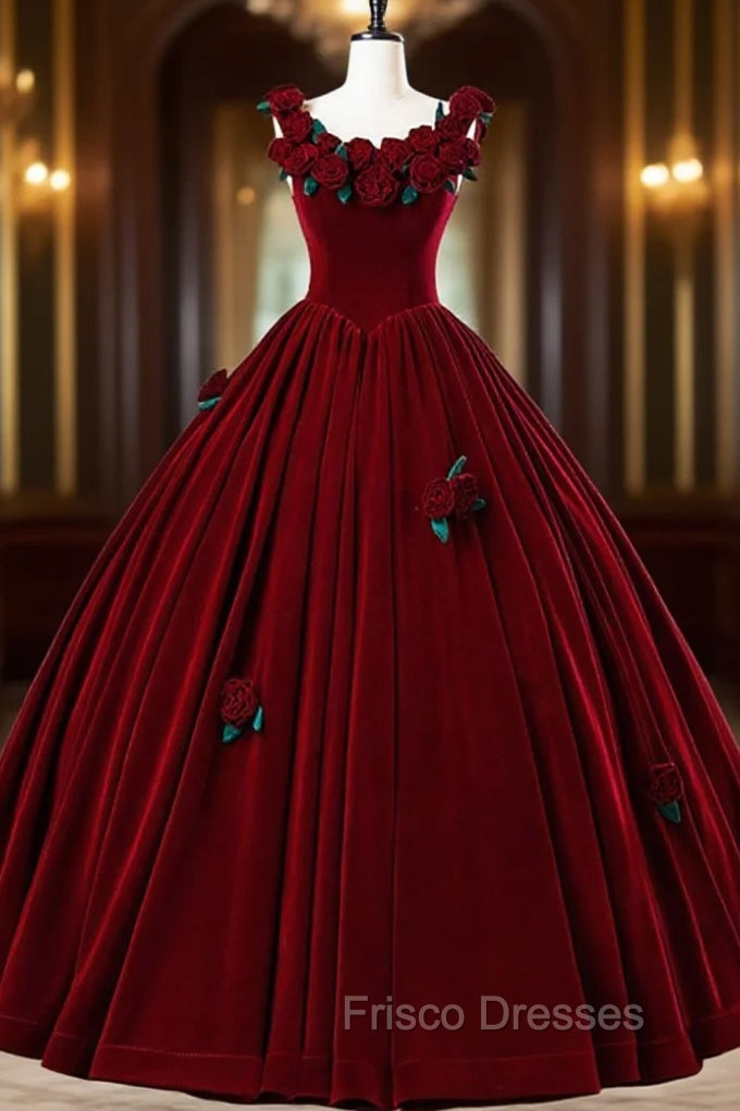 Burgundy Velvet Floor Length Formal Prom Dress, A-Line Evening Party Dress With Flowers