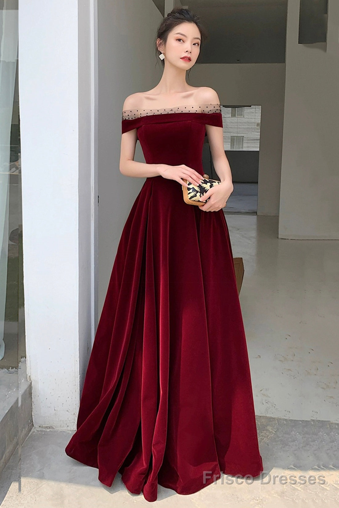 Burgundy Velvet Floor Length Prom Dress, Beautiful A-Line Evening Party Dress
