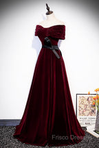 Burgundy Velvet Floor Length Formal Prom Dress, Elegant Off The Shoulder Party Dress