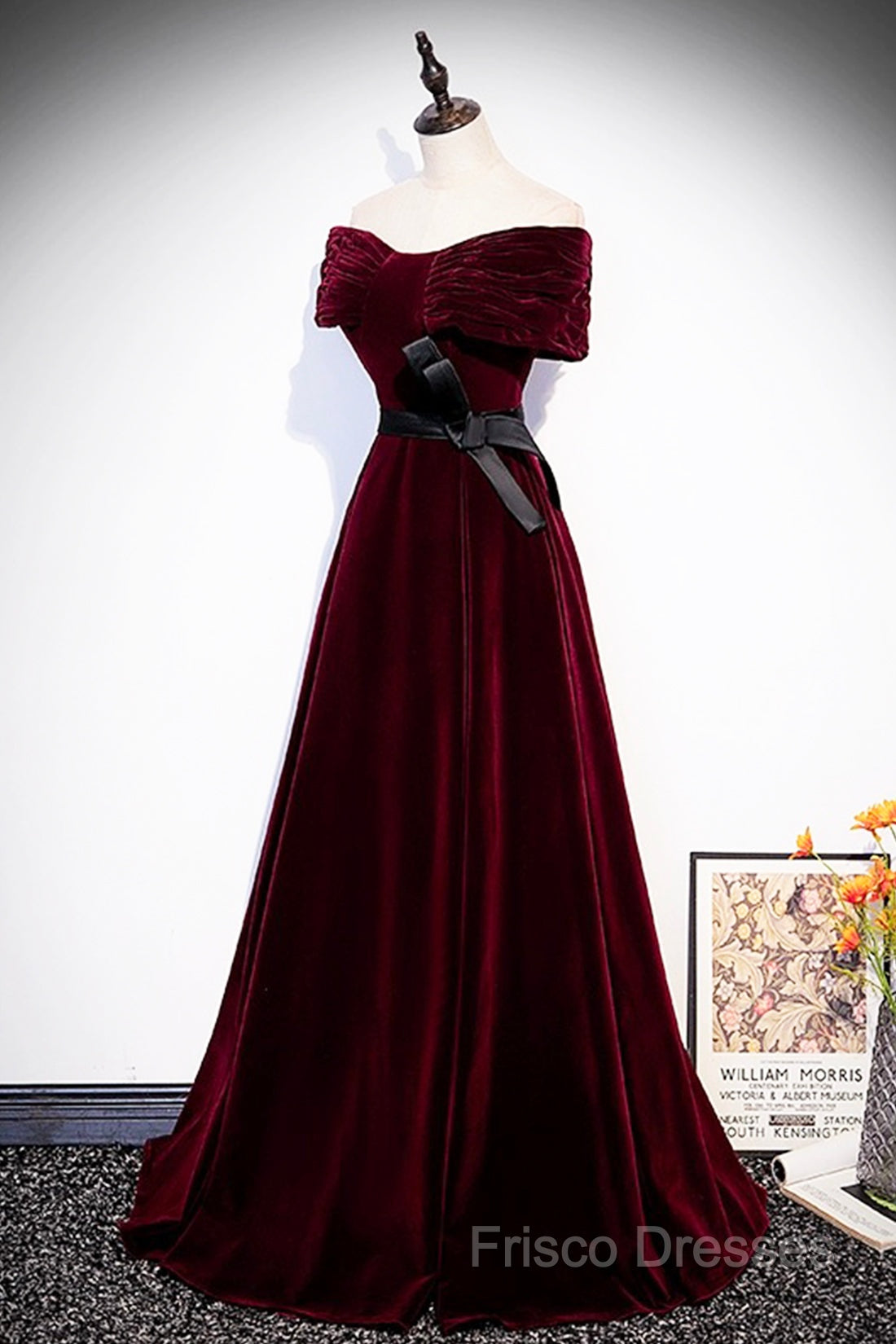 Burgundy Velvet Floor Length Formal Prom Dress, Elegant Off The Shoulder Party Dress
