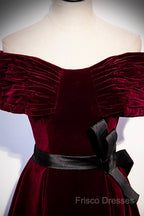 Burgundy Velvet Floor Length Formal Prom Dress, Elegant Off The Shoulder Party Dress