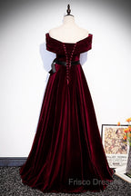 Burgundy Velvet Floor Length Formal Prom Dress, Elegant Off The Shoulder Party Dress