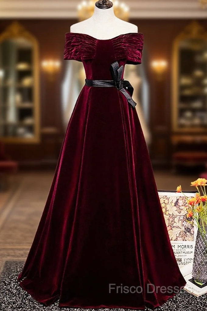 Burgundy Velvet Floor Length Formal Prom Dress, Elegant Off The Shoulder Party Dress Main image