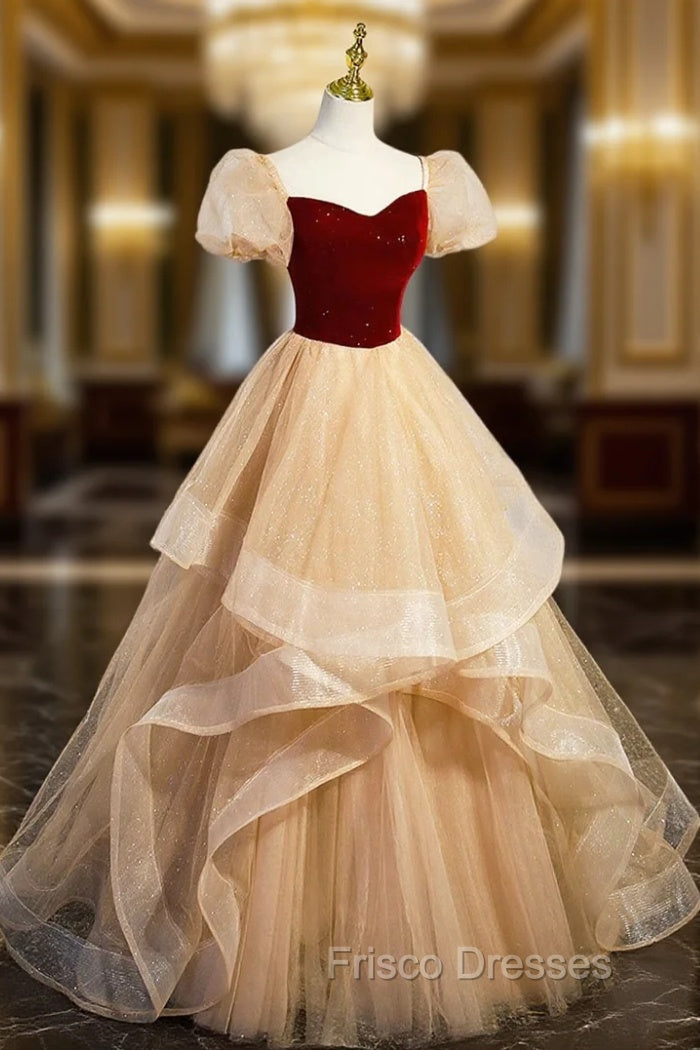 Burgundy Velvet Glitter Cascading Ruffles Formal Prom Dress, Champagne Tulle Floor Length Evening Dress Main image