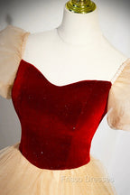 Burgundy Velvet Glitter Cascading Ruffles Formal Prom Dress, Champagne Tulle Floor Length Evening Dress