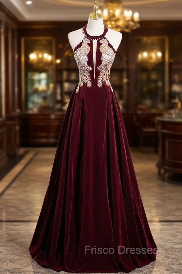Burgundy Velvet Halter Beading Sequins Formal Prom Dress Main image