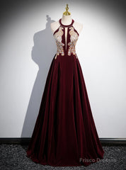 Burgundy Velvet Halter Beading Sequins Prom Dress