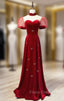 Burgundy Velvet High Neck Puff Sleeve Formal Prom Dress
