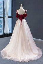 Burgundy Velvet Lace Long Formal Prom Dress, A-Line Off Shoulder Evening Dress