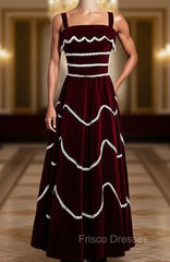 Burgundy Velvet Lace Straps Pearls Formal Prom Dress